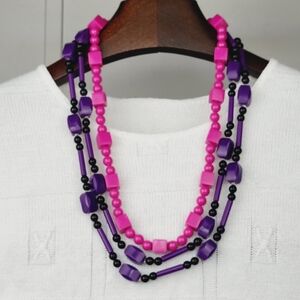 Chunky Pink and Purple Plastic Beaded Vintage Necklace Set Of 2 80s